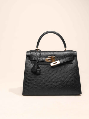 Hermes Black Ostrich Kelly Sellier 28 Bag GHW (No Strap)