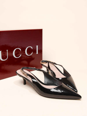 Gucci Black Patent Leather Signoria Chain Slingback Pumps Size 36.5