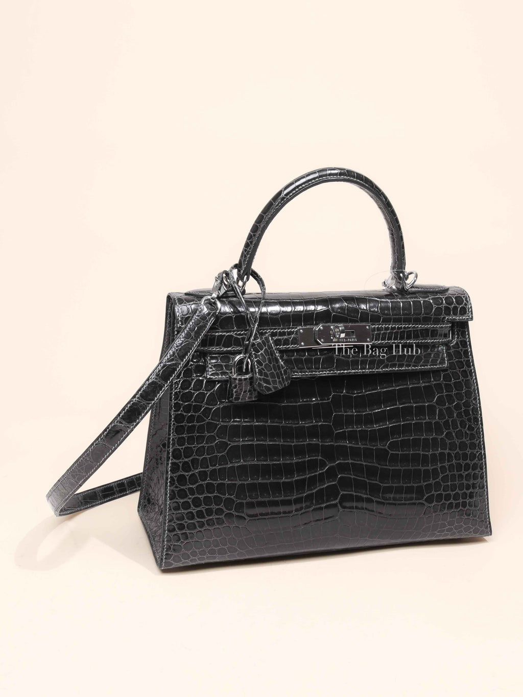 Hermes Black Shiny Porosus Crocodile Kelly 28 Bag PHW