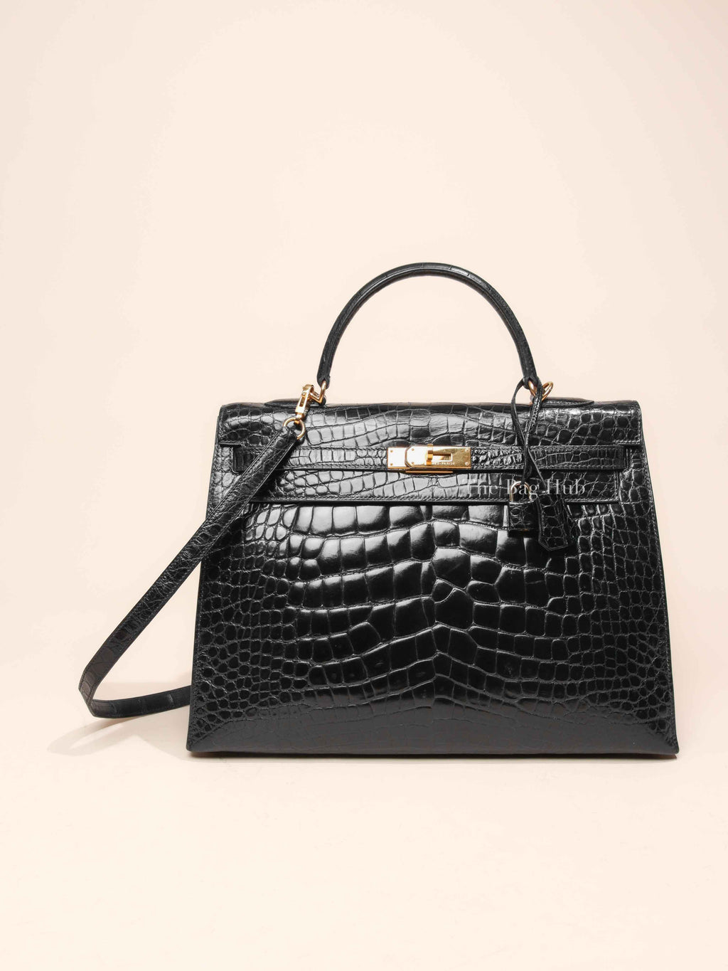 Hermes Black Shiny Alligator Kelly 35 Bag GHW