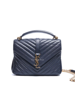 Saint Laurent Deep Marine Sheepskin Matelasse Chevron Monogram Medium College Bag