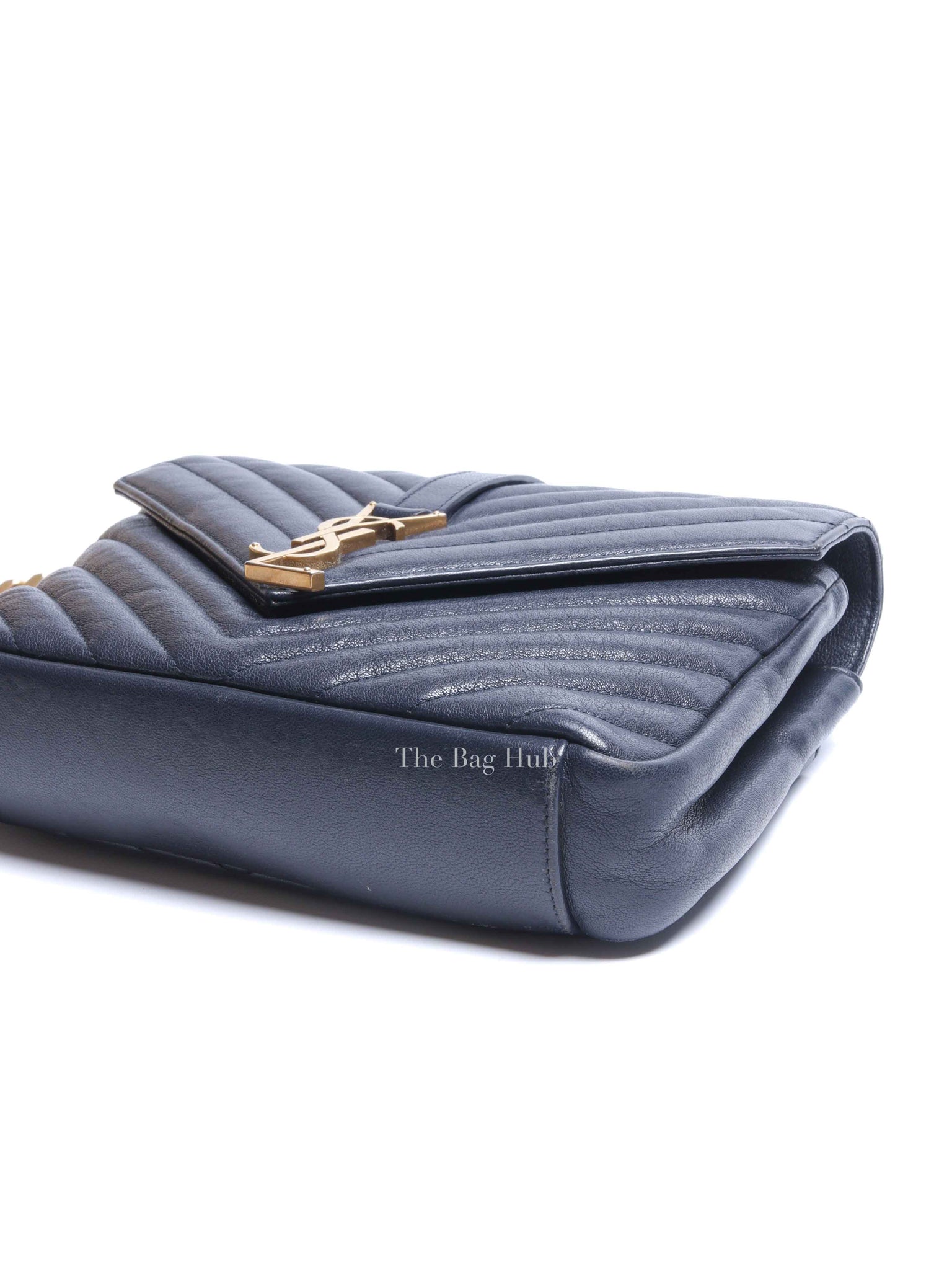 Saint Laurent Deep Marine Sheepskin Matelasse Chevron Monogram Medium College Bag