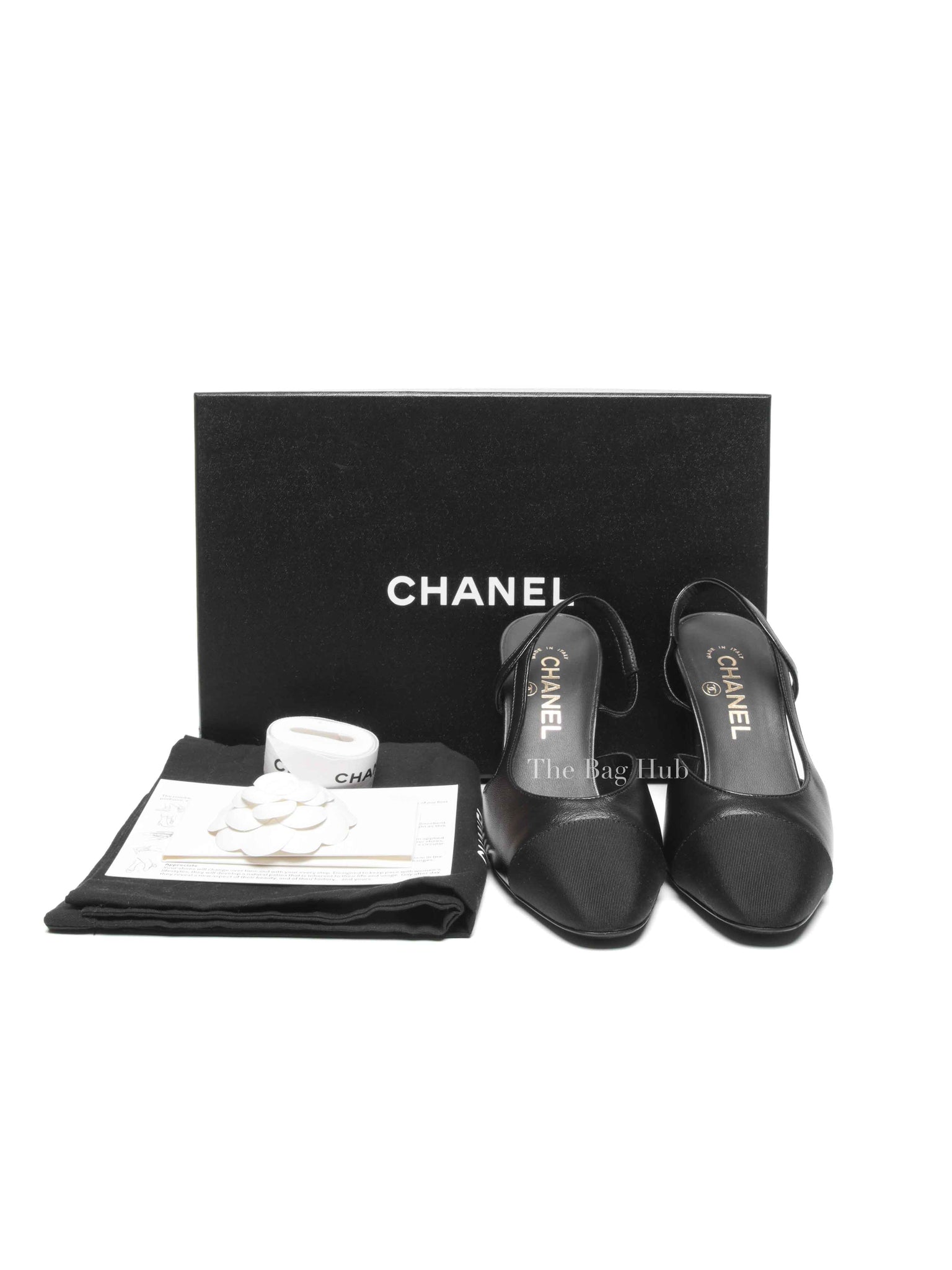 Chanel Black Goatskin Grosgrain Cap Toe CC Slingback Pumps Size 37.5