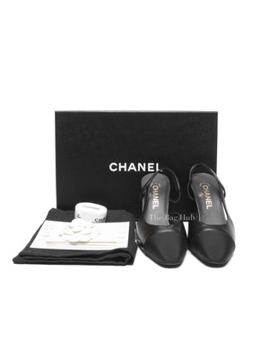 Chanel Black Goatskin Grosgrain Cap Toe CC Slingback Pumps Size 37.5