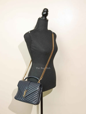 Saint Laurent Deep Marine Sheepskin Matelasse Chevron Monogram Medium College Bag