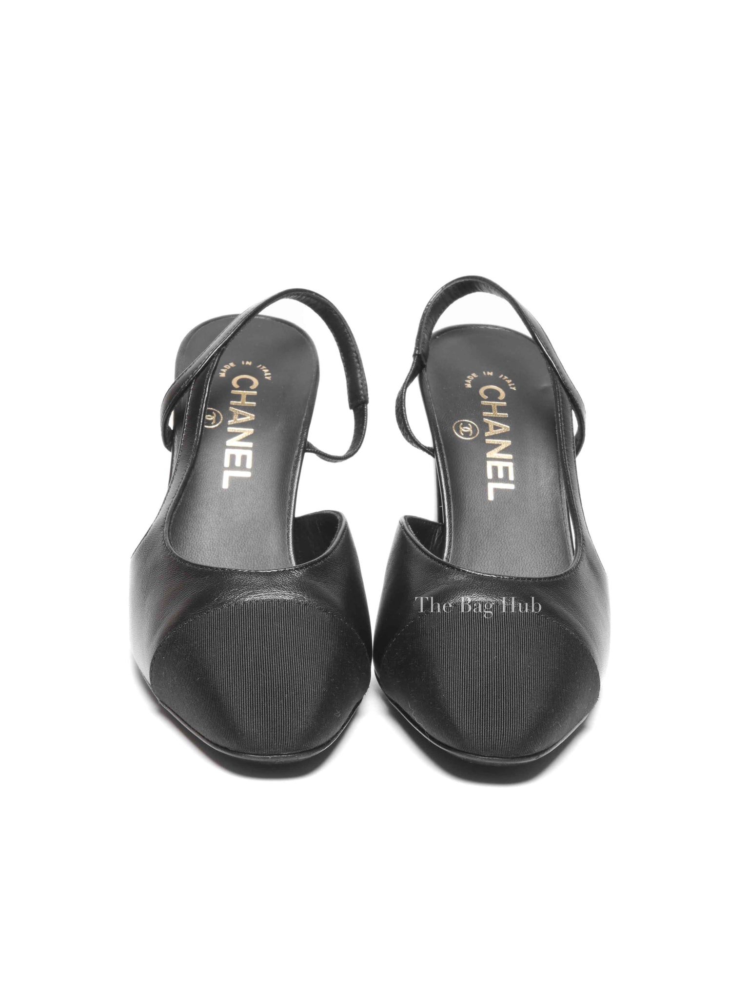 Chanel Black Goatskin Grosgrain Cap Toe CC Slingback Pumps Size 37.5