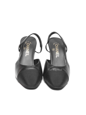 Chanel Black Goatskin Grosgrain Cap Toe CC Slingback Pumps Size 37.5