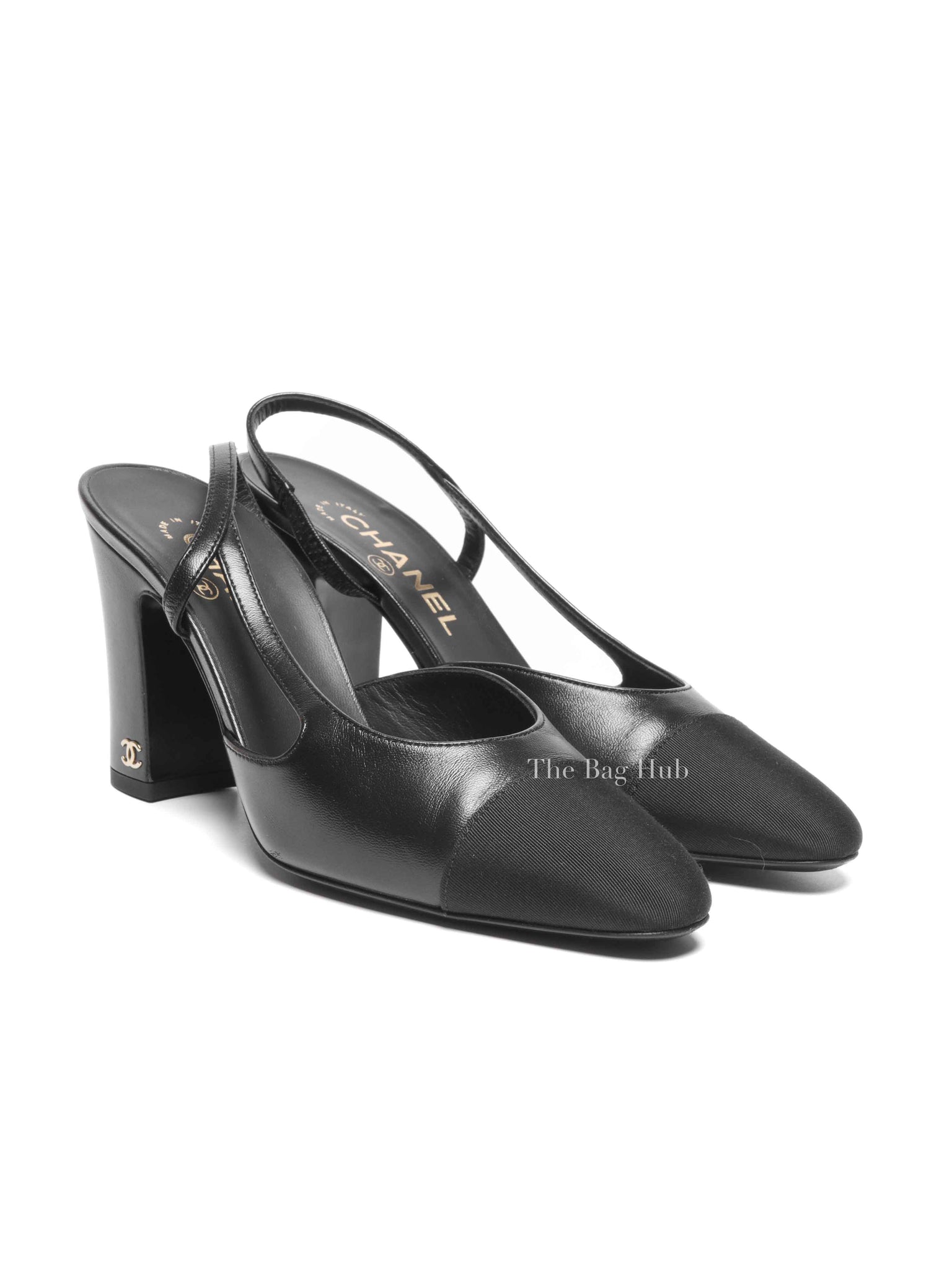 Chanel Black Goatskin Grosgrain Cap Toe CC Slingback Pumps Size 37.5