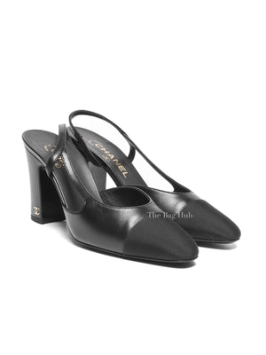 Chanel Black Goatskin Grosgrain Cap Toe CC Slingback Pumps Size 37.5