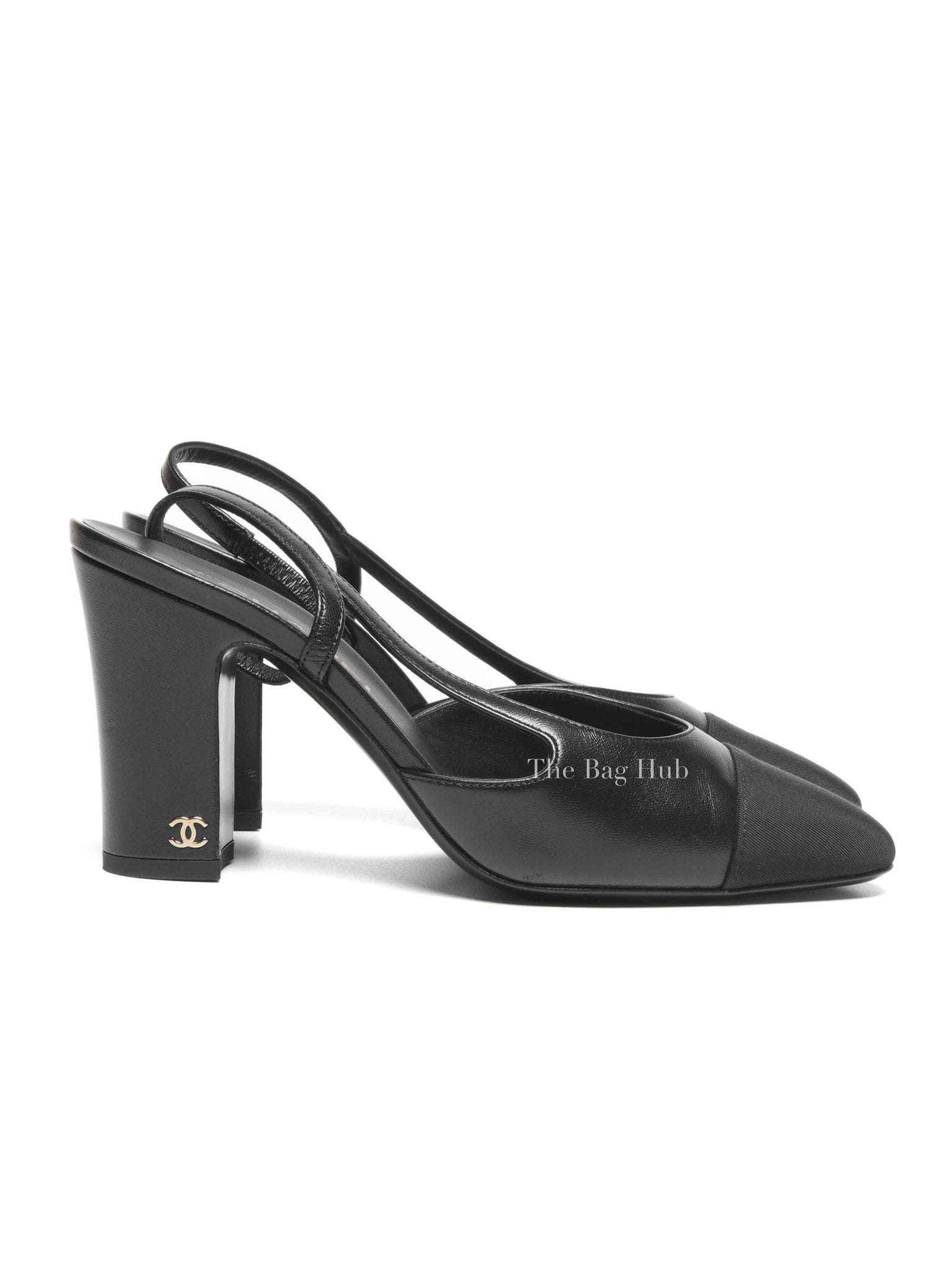 Chanel Black Goatskin Grosgrain Cap Toe CC Slingback Pumps Size 37.5