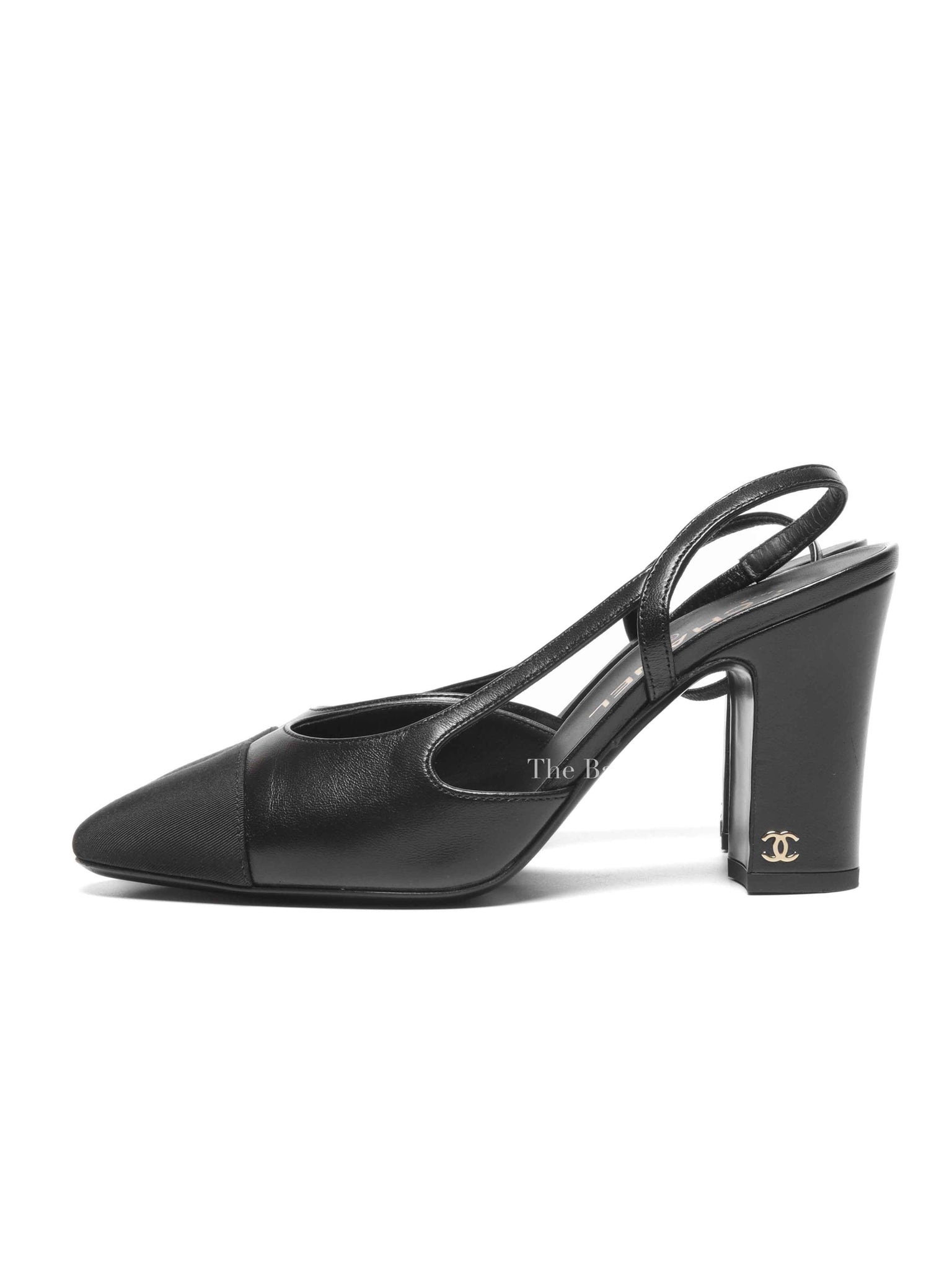 Chanel Black Goatskin Grosgrain Cap Toe CC Slingback Pumps Size 37.5
