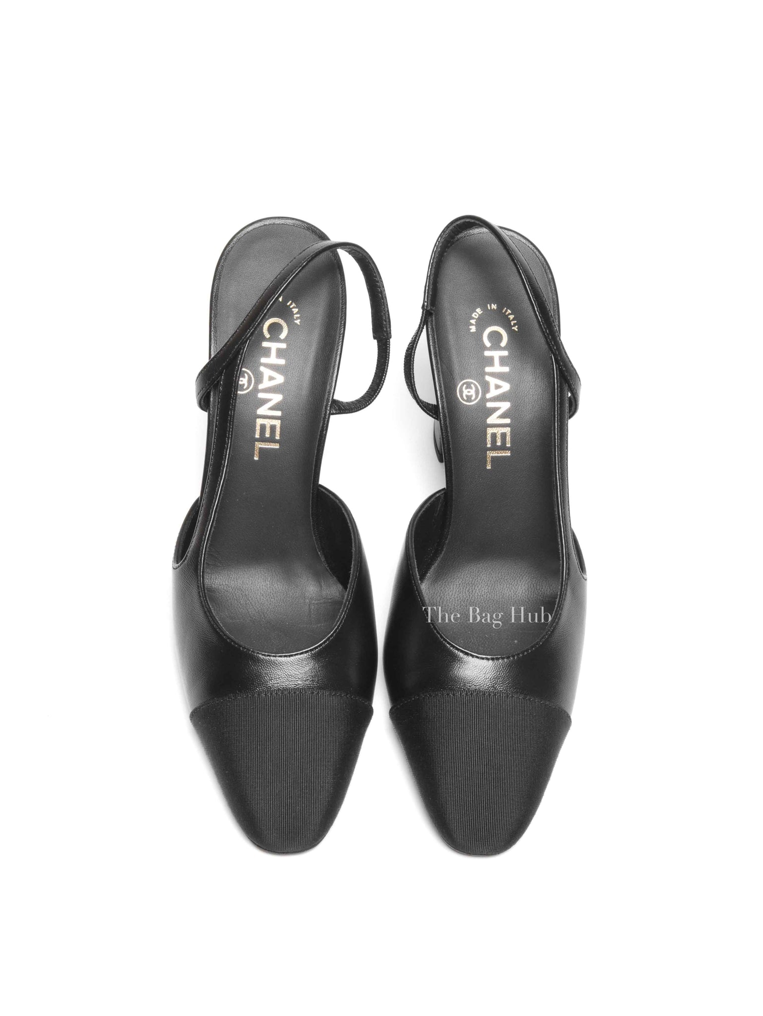 Chanel Black Goatskin Grosgrain Cap Toe CC Slingback Pumps Size 37.5