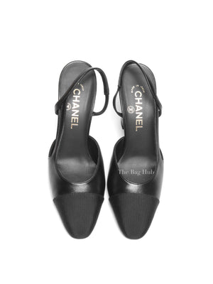 Chanel Black Goatskin Grosgrain Cap Toe CC Slingback Pumps Size 37.5