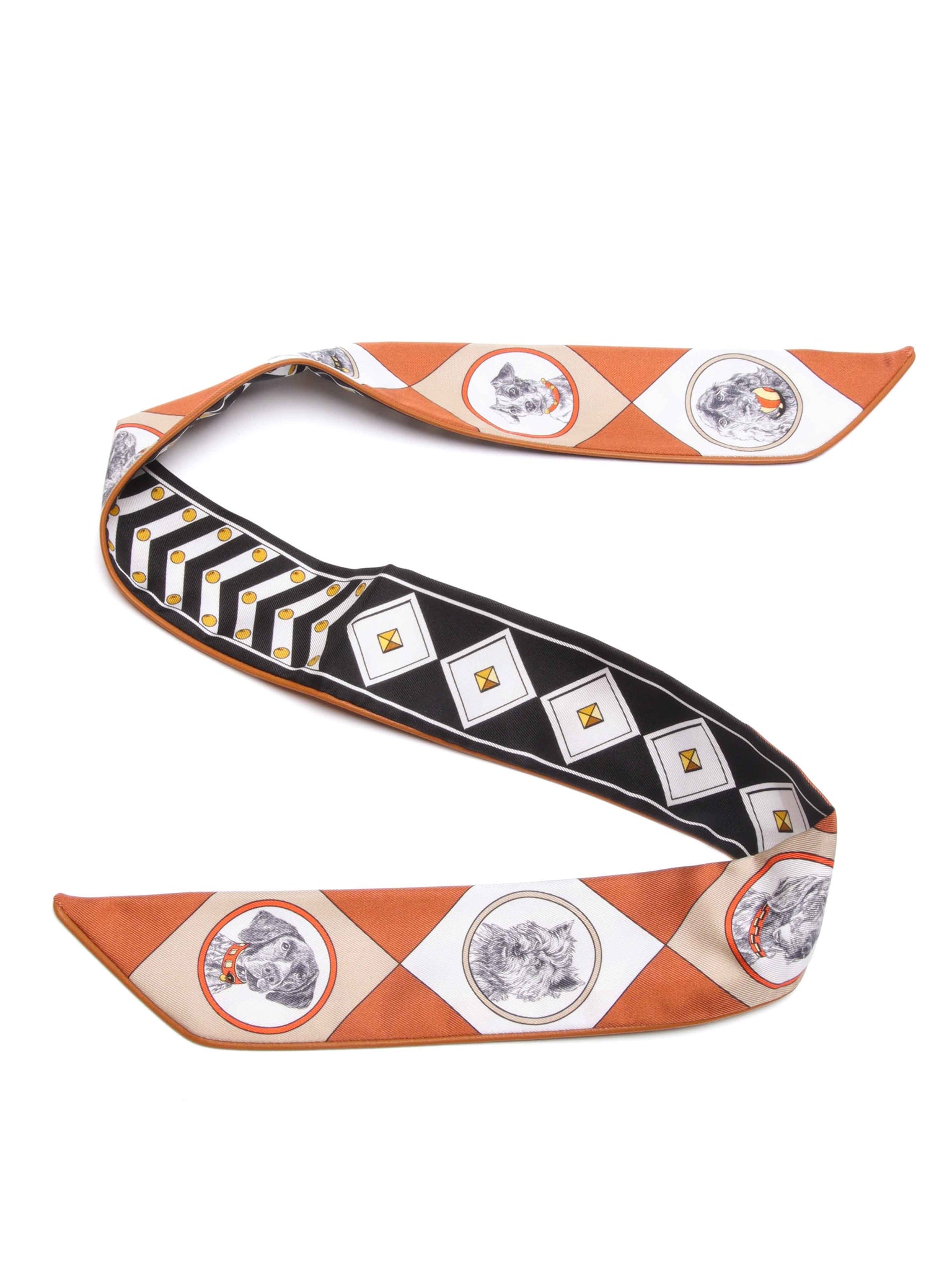 Hermes Noir/Blanc/Caramel Silk Colliers et Chiens Twilly