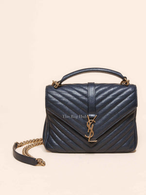 Saint Laurent Deep Marine Sheepskin Matelasse Chevron Monogram Medium College Bag