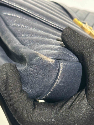 Saint Laurent Deep Marine Sheepskin Matelasse Chevron Monogram Medium College Bag