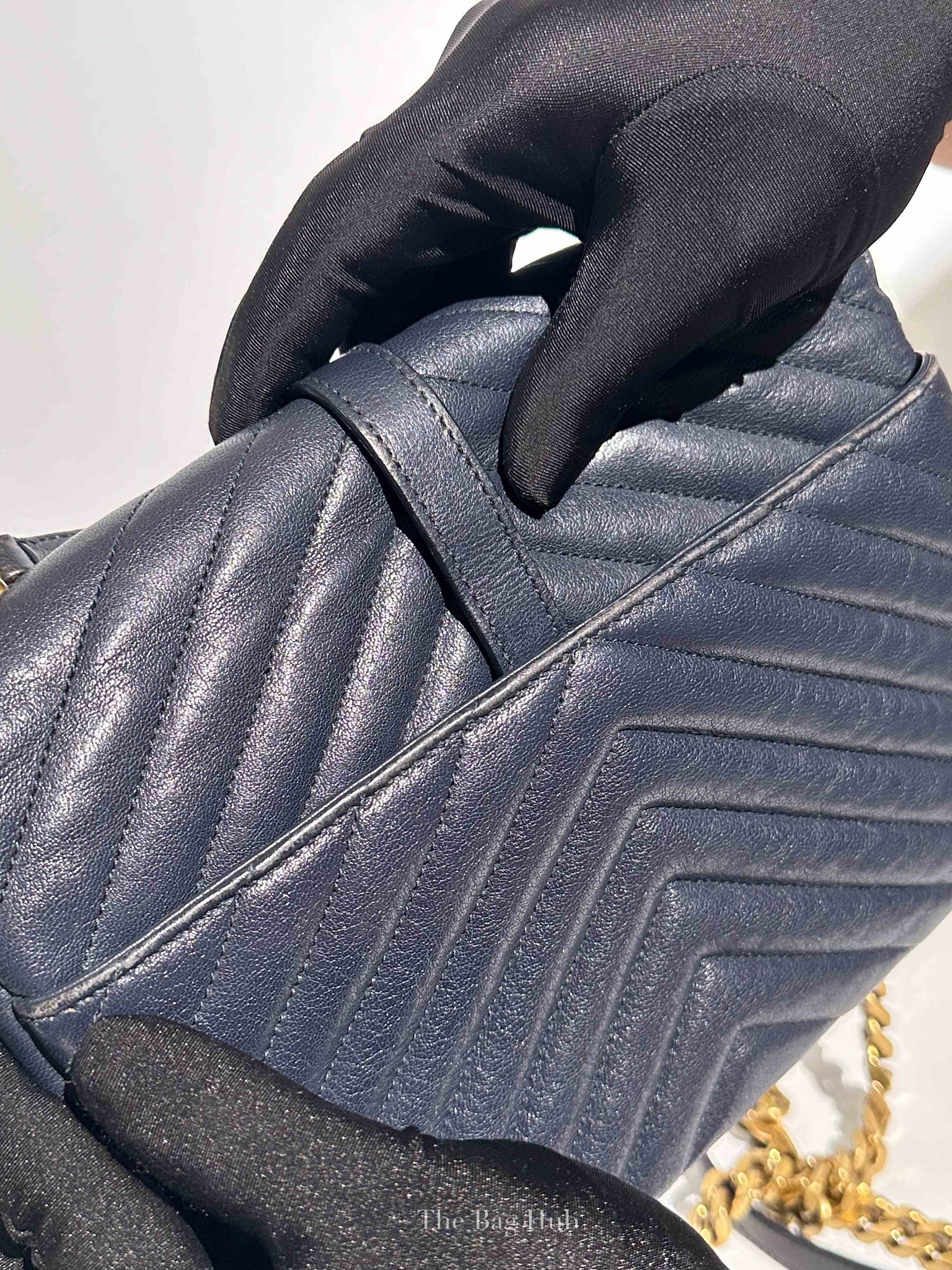 Saint Laurent Deep Marine Sheepskin Matelasse Chevron Monogram Medium College Bag