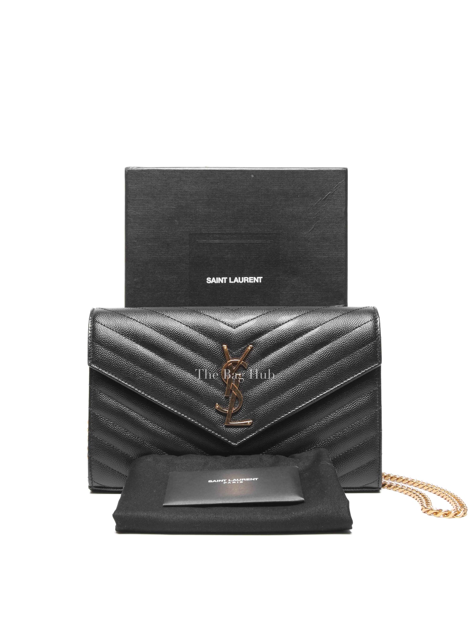 Saint Laurent Black Grain De Poudre Leather Classic Cassandre Chain Wallet GHW