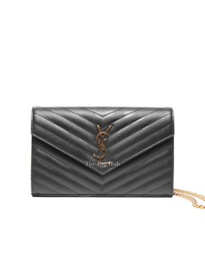 Saint Laurent Black Grain De Poudre Leather Classic Cassandre Chain Wallet GHW