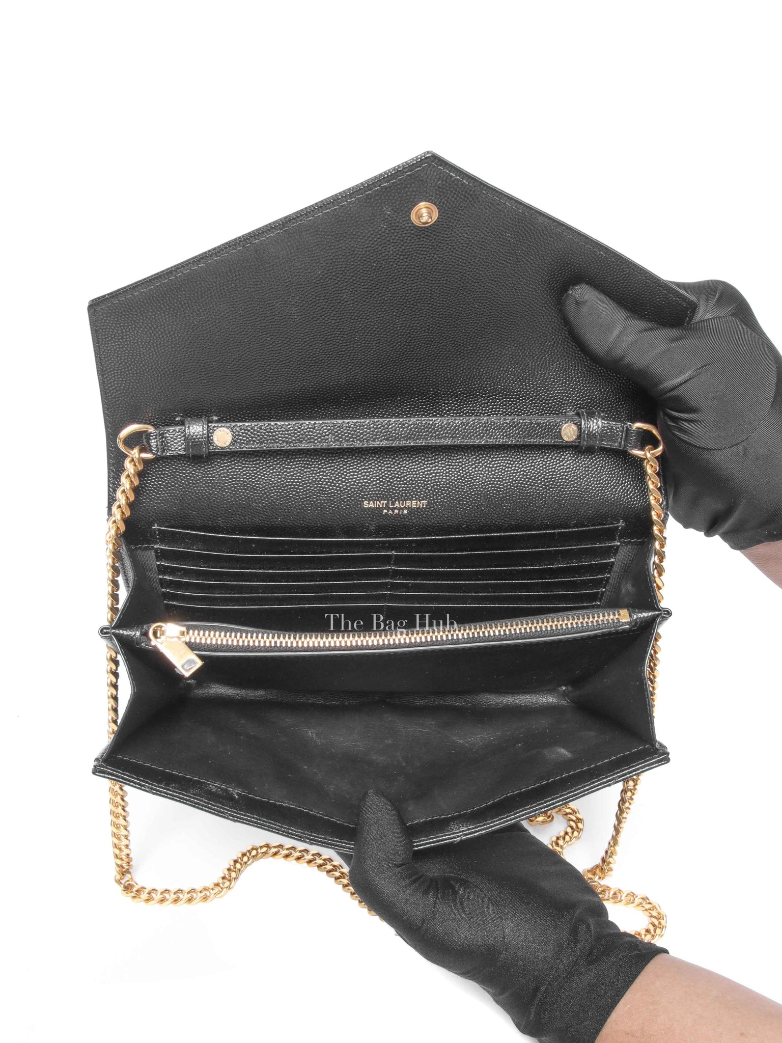 Saint Laurent Black Grain De Poudre Leather Classic Cassandre Chain Wallet GHW