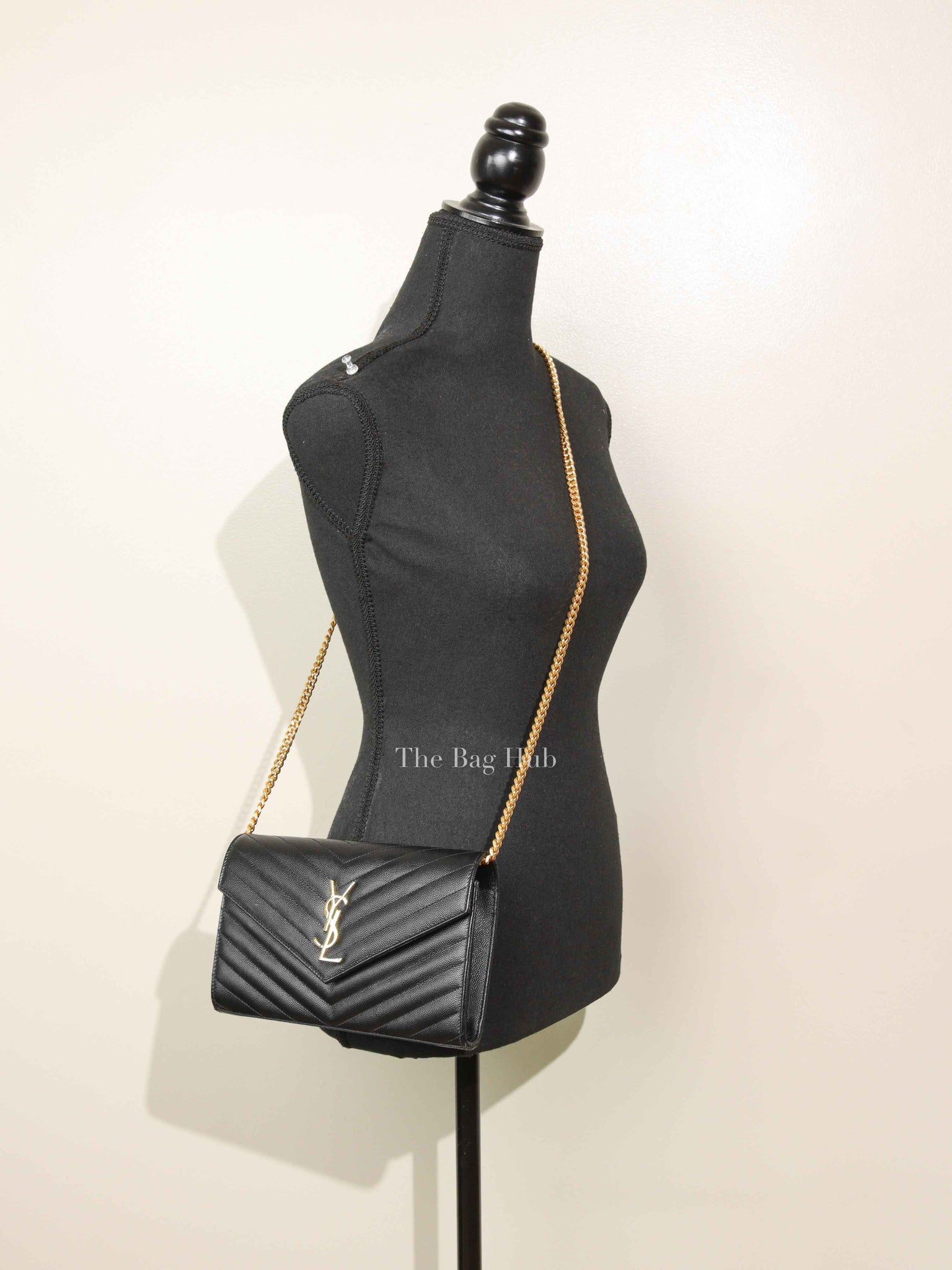 Saint Laurent Black Grain De Poudre Leather Classic Cassandre Chain Wallet GHW