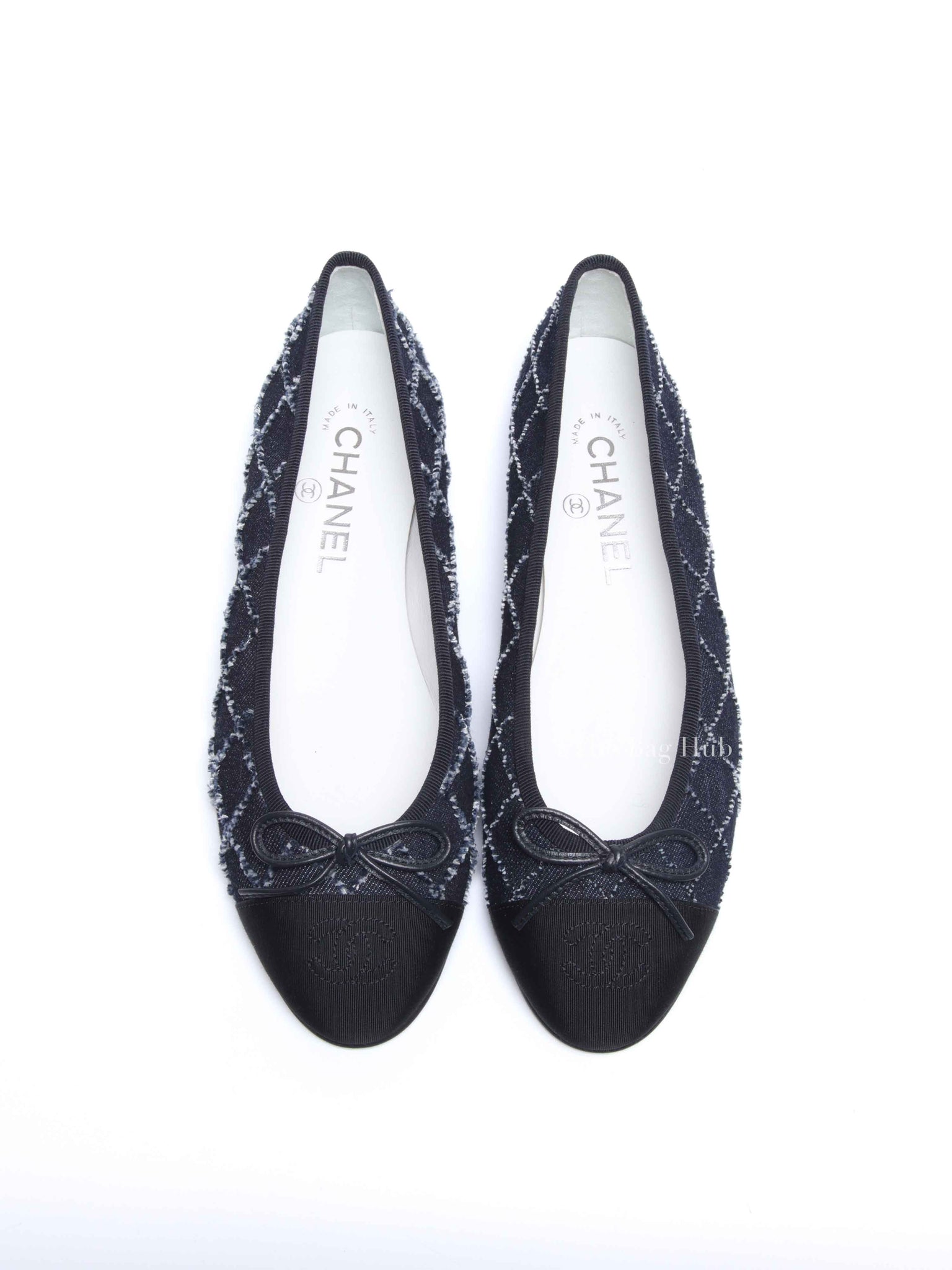 Chanel Blue Denim Quilted Grosgrain Captoe Ballerina Flats Size 38