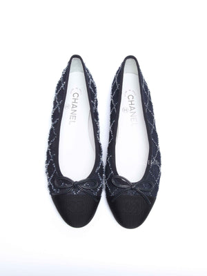 Chanel Blue Denim Quilted Grosgrain Captoe Ballerina Flats Size 38