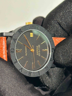 Bvlgari Brown Leather Giappone Edition Carbon Gold Watch 33mm