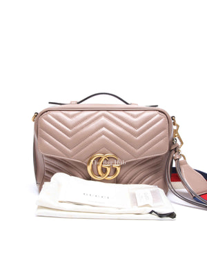 Gucci Porcelain Rose Calfskin Matelasse Sylvie Web Small GG Marmont Top Handle Shoulder Bag