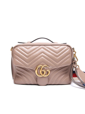 Gucci Porcelain Rose Calfskin Matelasse Sylvie Web Small GG Marmont Top Handle Shoulder Bag