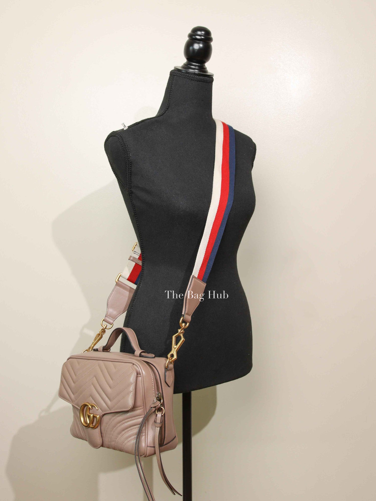 Gucci Porcelain Rose Calfskin Matelasse Sylvie Web Small GG Marmont Top Handle Shoulder Bag