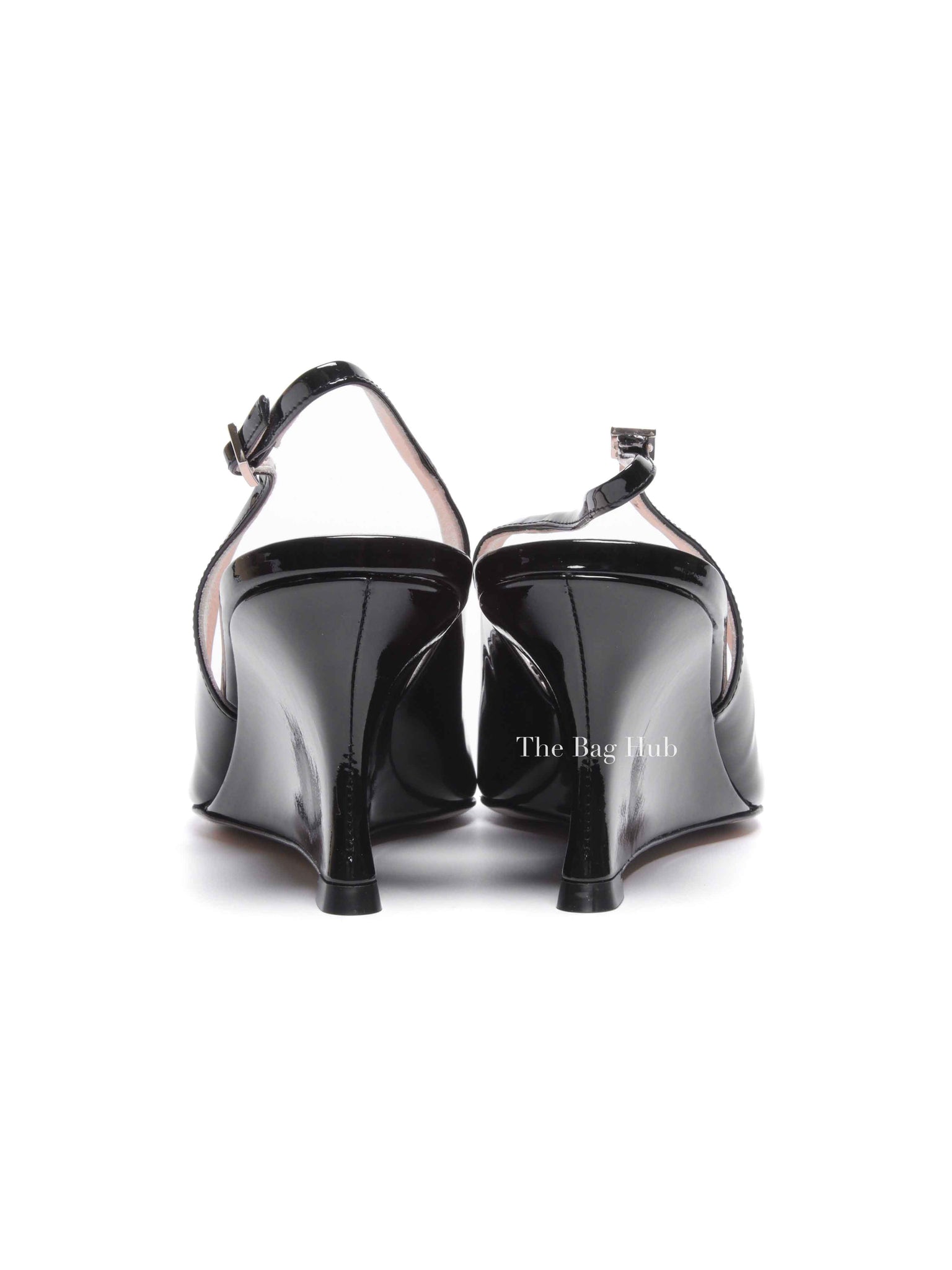 Roger Vivier Black Patent Leather Viv' In The City Lacquered Buckle Slingback Wedge Pumps Size 38