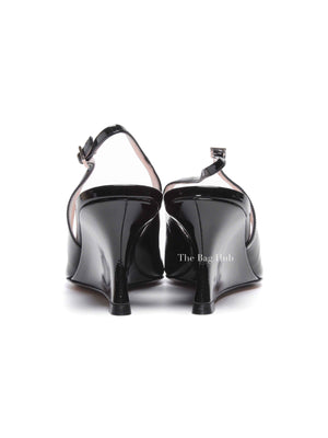Roger Vivier Black Patent Leather Viv' In The City Lacquered Buckle Slingback Wedge Pumps Size 38