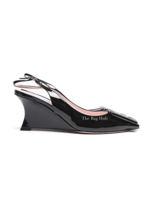 Roger Vivier Black Patent Leather Viv' In The City Lacquered Buckle Slingback Wedge Pumps Size 38