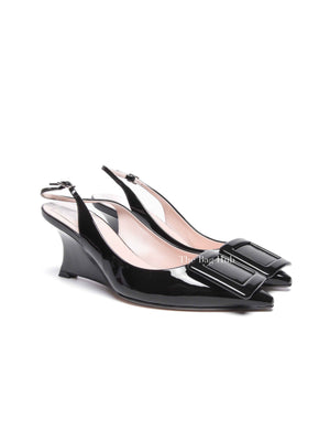 Roger Vivier Black Patent Leather Viv' In The City Lacquered Buckle Slingback Wedge Pumps Size 38