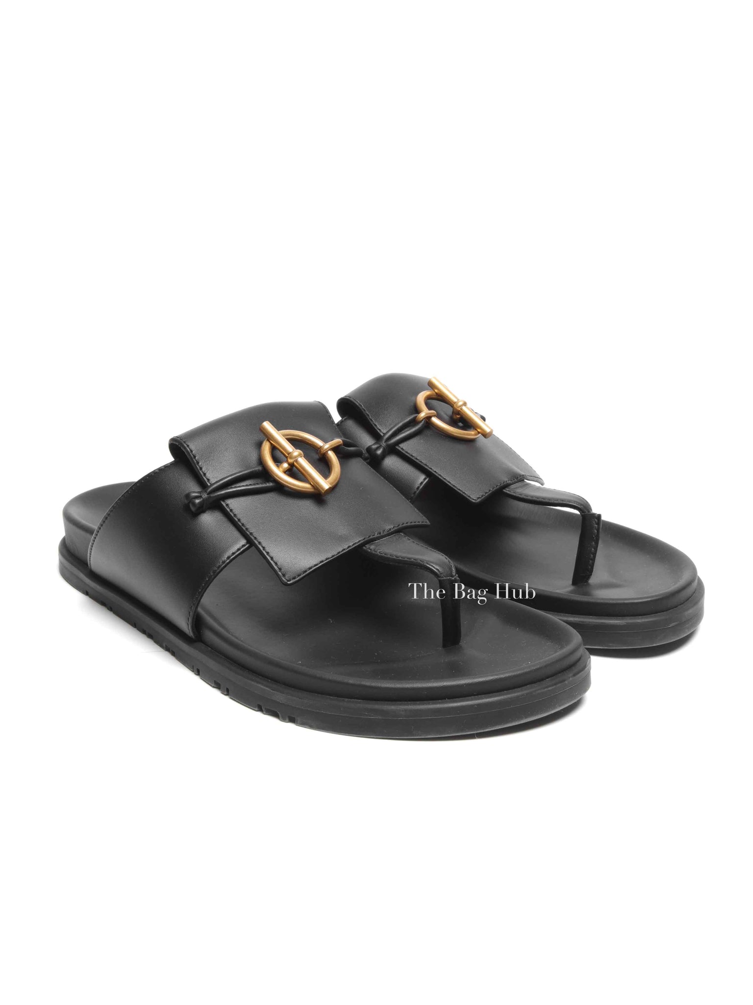 Hermes Noir Leather Joyce Sandals Size 38