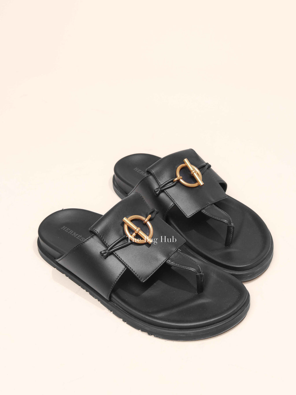 Hermes Noir Leather Joyce Sandals Size 38