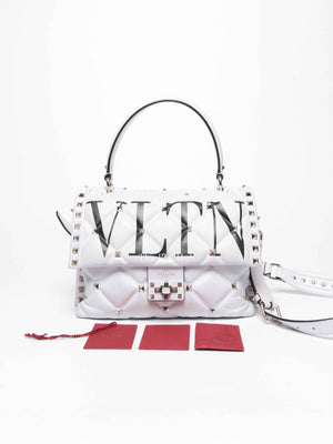Valentino White Quilted Leather VLTN Candystud Top Handle Bag