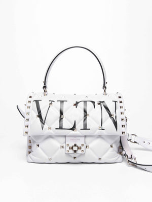 Valentino White Quilted Leather VLTN Candystud Top Handle Bag