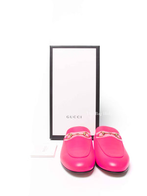 Gucci Fuxia Fluo Calfskin Womens Princetown Mules Size 37