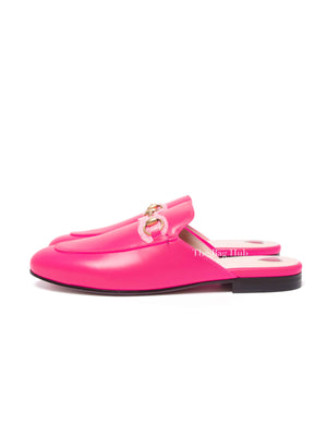 Gucci Fuxia Fluo Calfskin Womens Princetown Mules Size 37