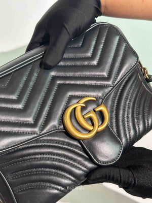 Gucci Black Leather GG Marmont Top Handle Sling Bag