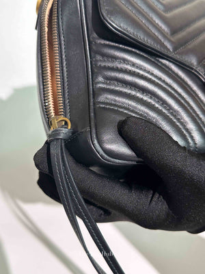 Gucci Black Leather GG Marmont Top Handle Sling Bag