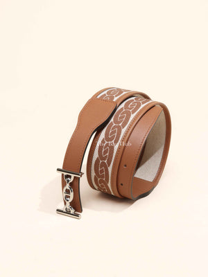 Hermes Gold Canvas/Leather Ecru Lagune Reversible Belt PHW
