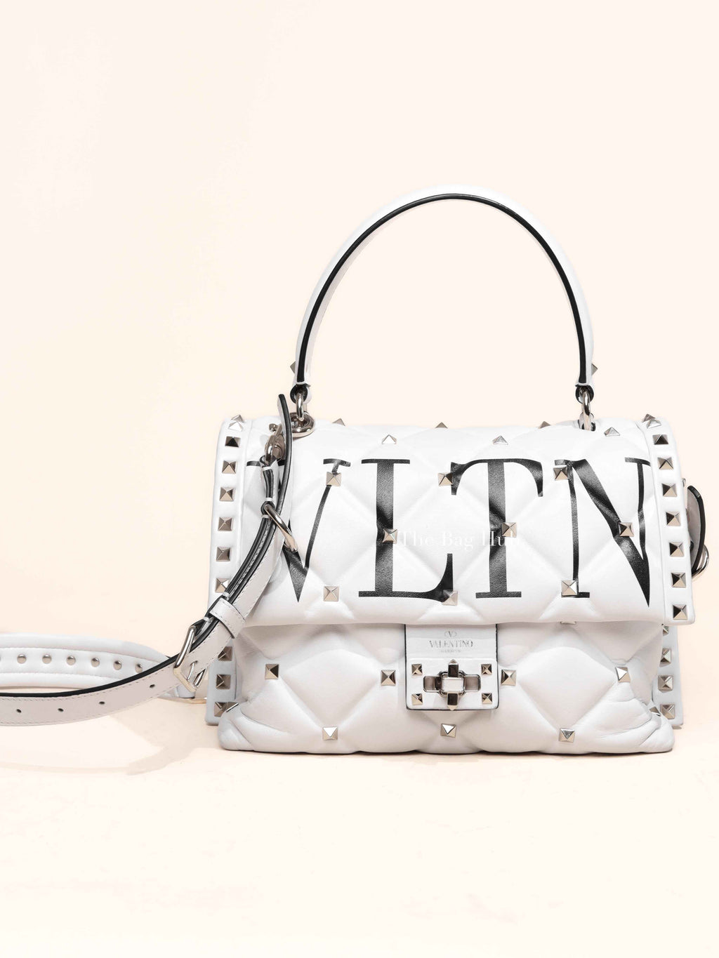 Valentino White Quilted Leather VLTN Candystud Top Handle Bag