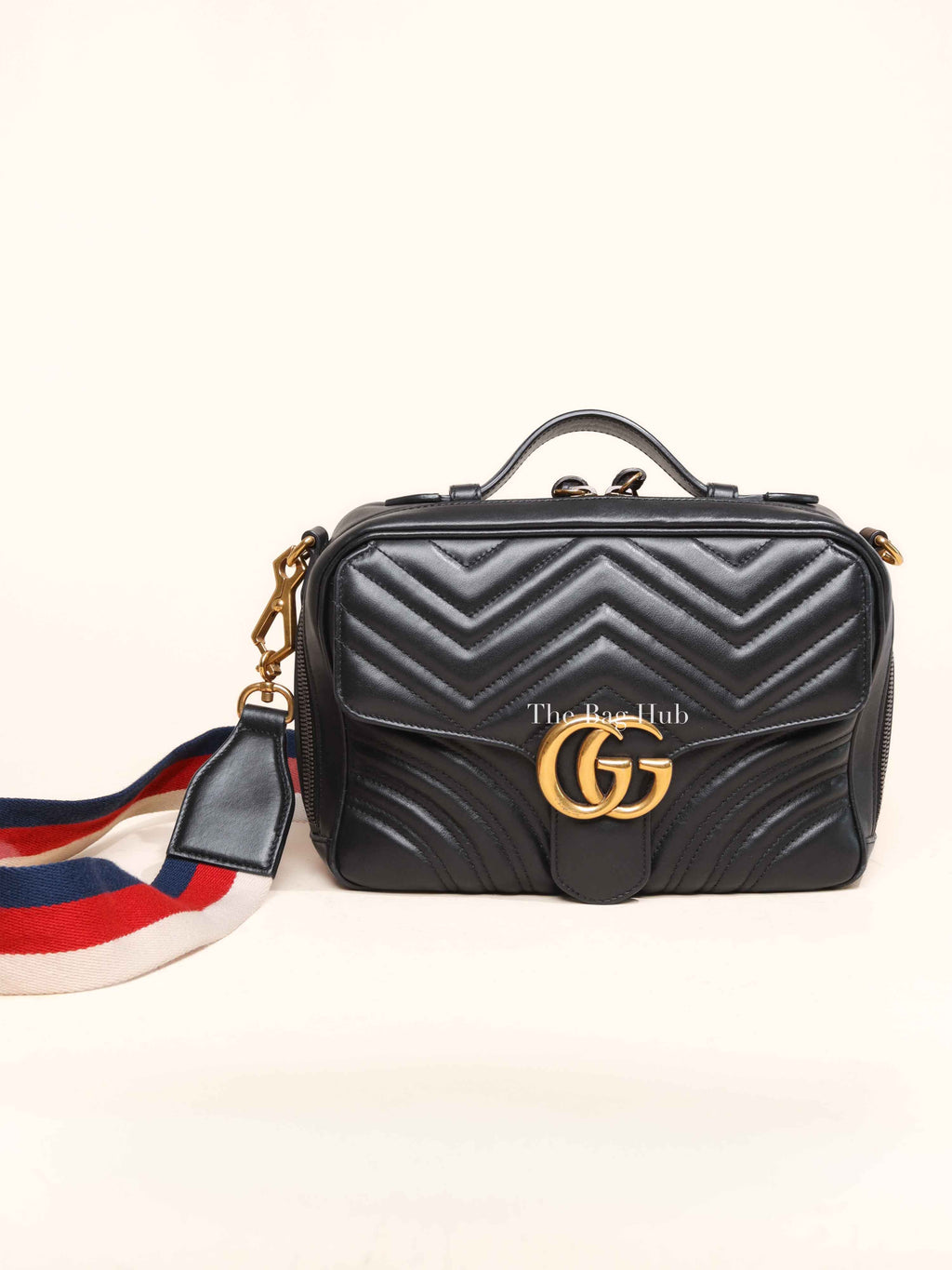 Gucci Black Leather GG Marmont Top Handle Sling Bag