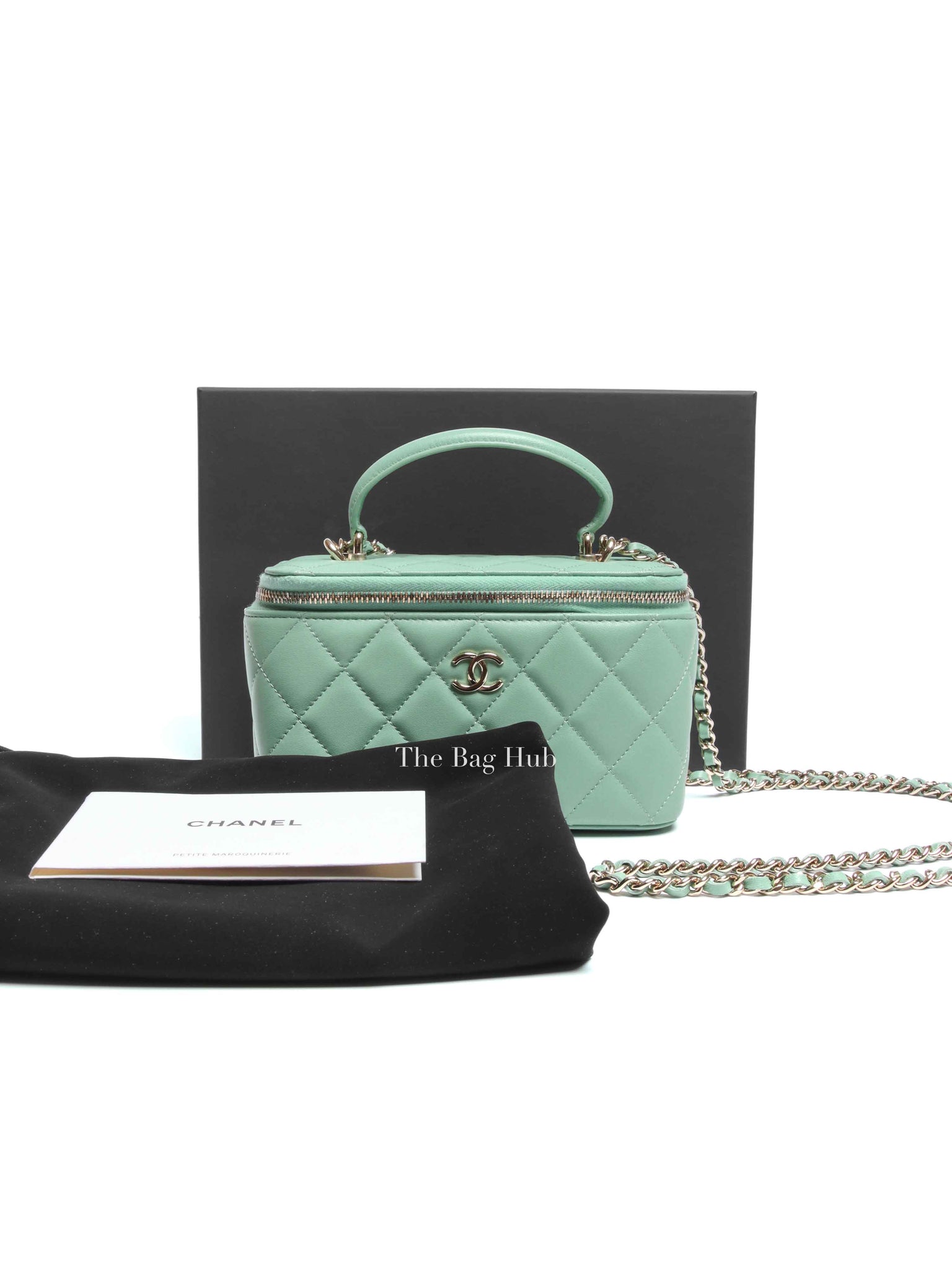 Chanel Mint Green Lambskin Quilted Small Top Handle Vanity Case With Chain GHW