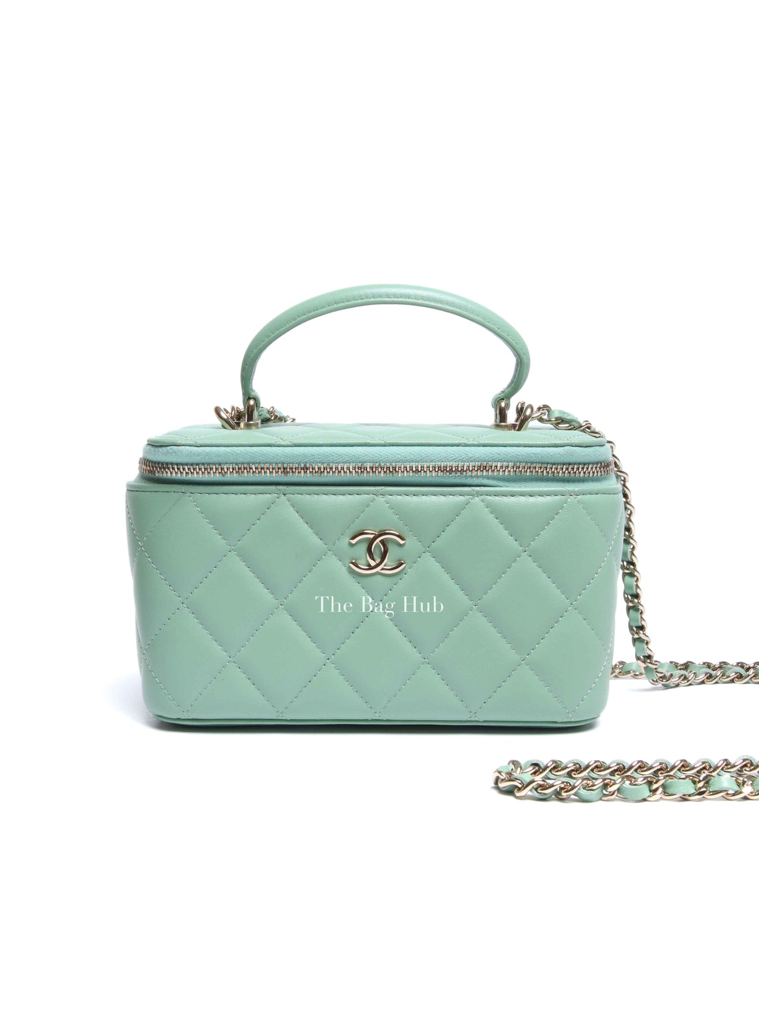 Chanel Mint Green Lambskin Quilted Small Top Handle Vanity Case With Chain GHW