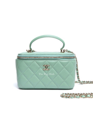 Chanel Mint Green Lambskin Quilted Small Top Handle Vanity Case With Chain GHW