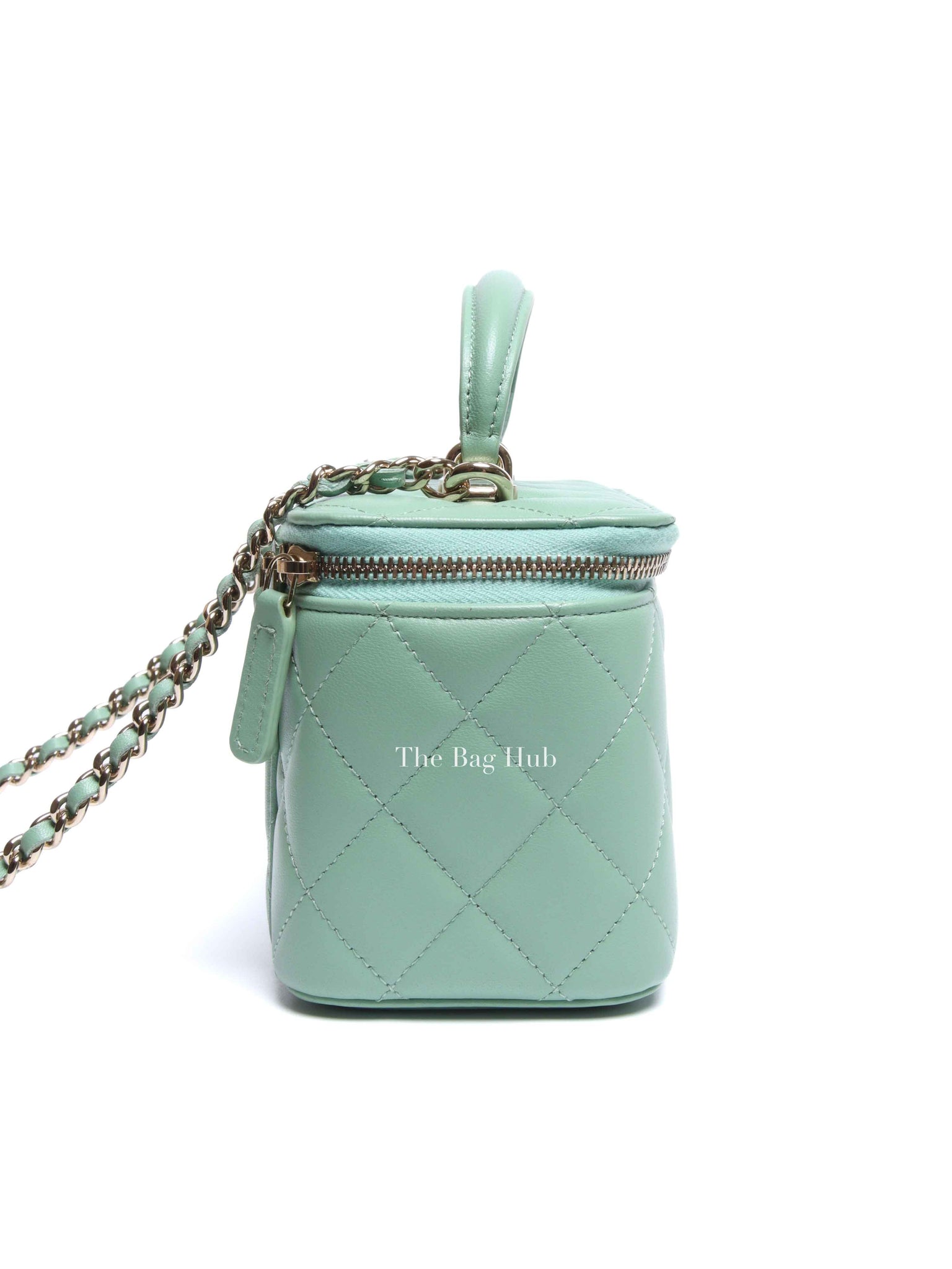 Chanel Mint Green Lambskin Quilted Small Top Handle Vanity Case With Chain GHW